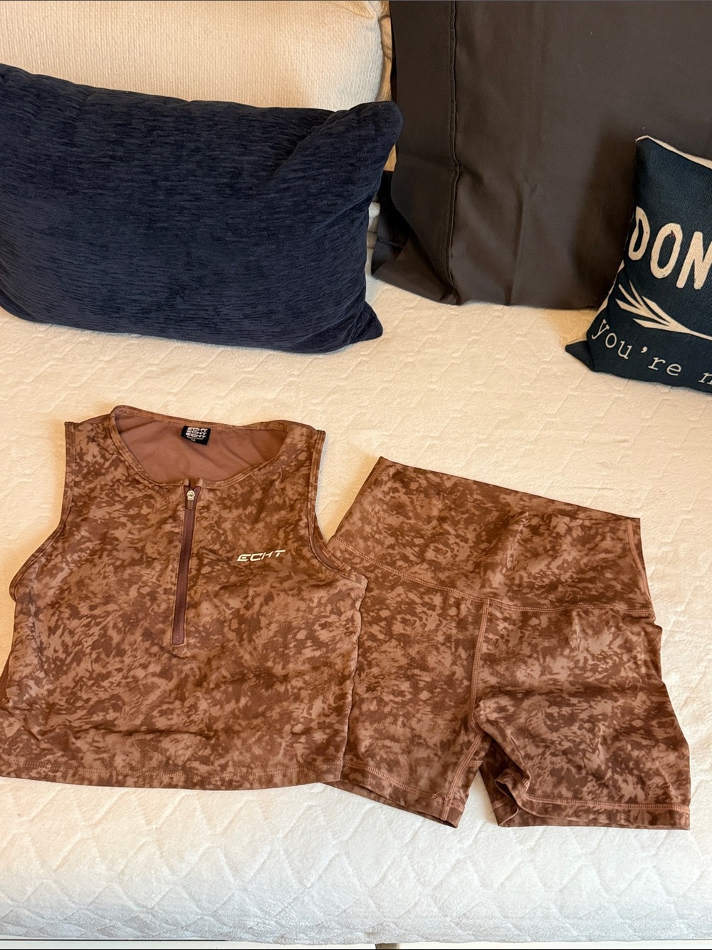 ECIT Brown Marble Zip Crop Tank & High-Waist Bike Shorts Set